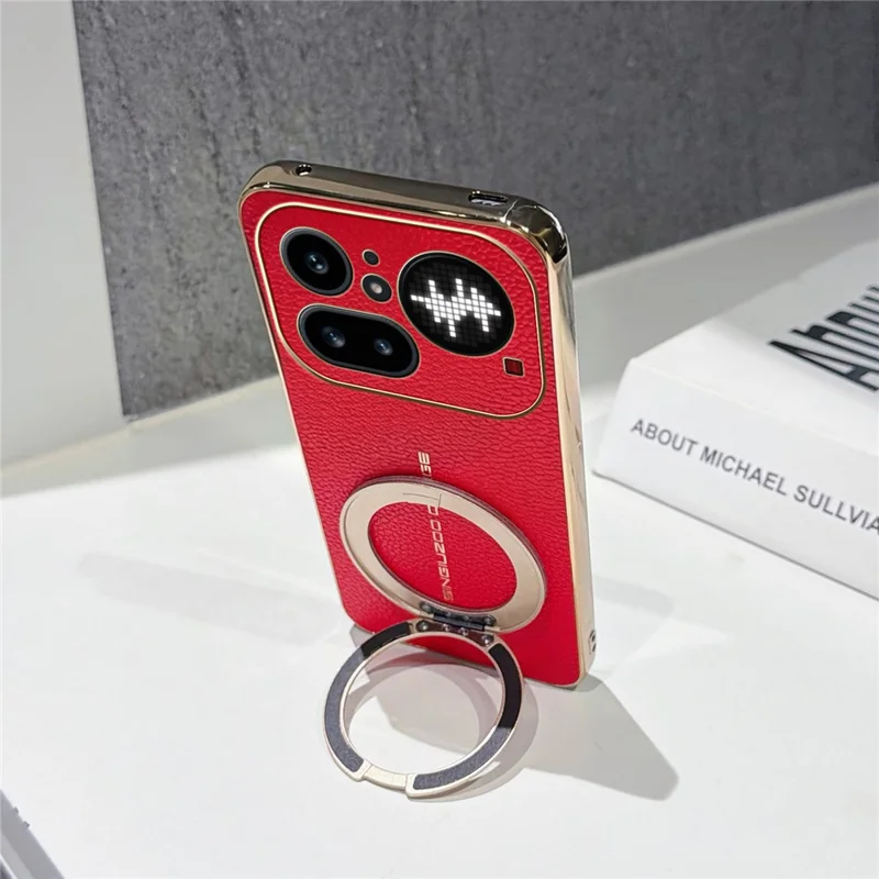 For Nothing Phone (4a) Pro Magnetic Case Litchi Pattern TPU PU Cover with Electroplated Metal Ring Kickstand - Red