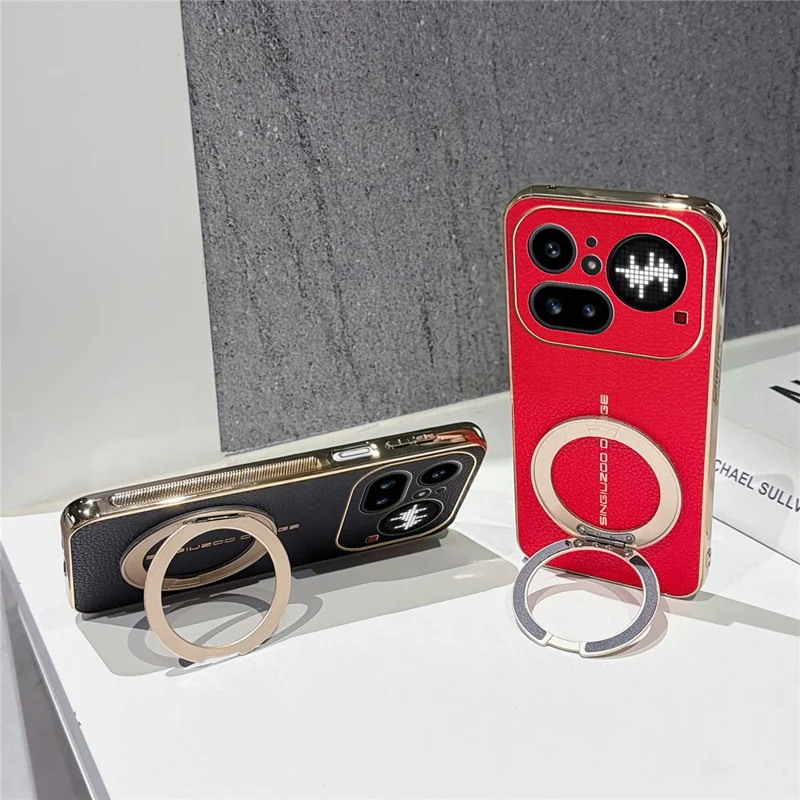 For Nothing Phone (4a) Pro Magnetic Case Litchi Pattern TPU PU Cover with Electroplated Metal Ring Kickstand - Red