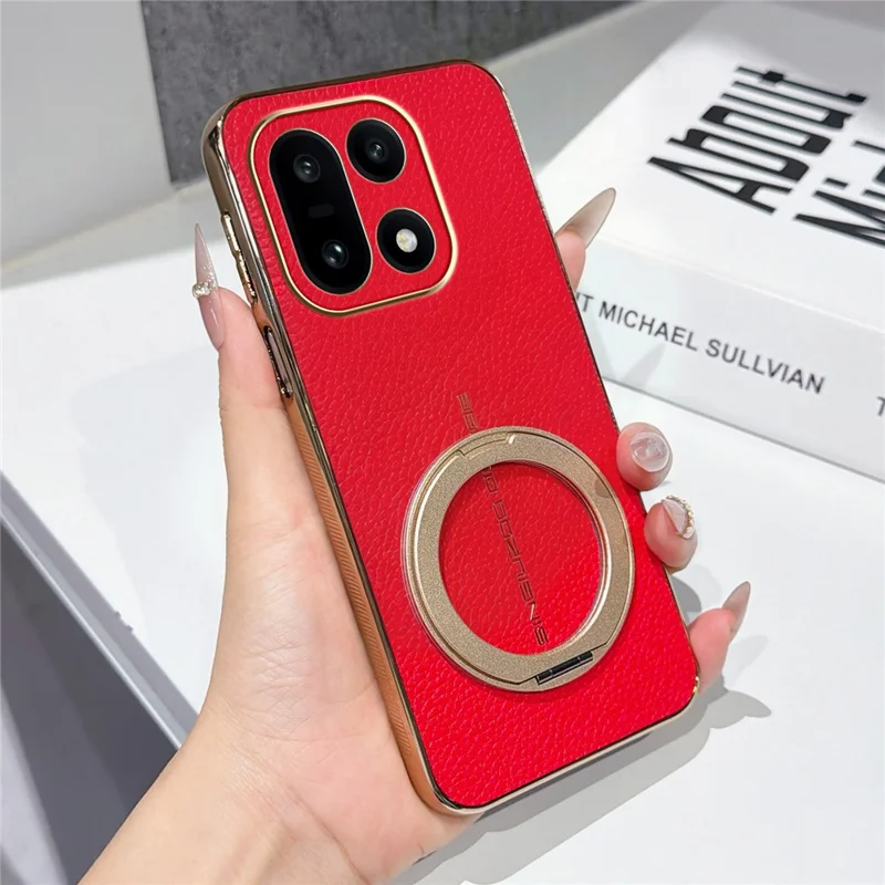 For OnePlus 15 5G Magnetic Case Litchi Pattern TPU PU Cover with Electroplated Metal Ring Kickstand - Red