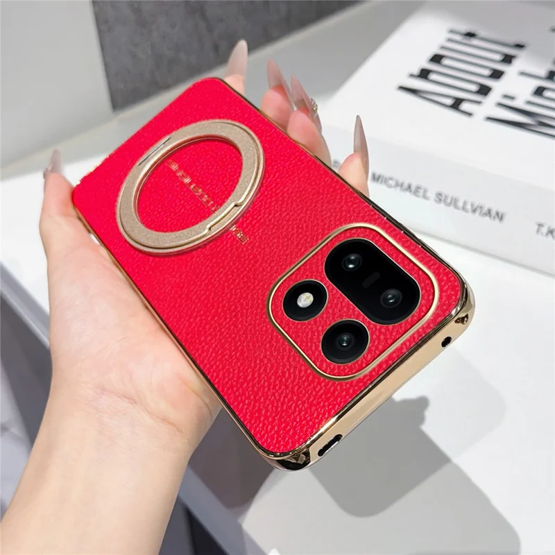 For OnePlus 15 5G Magnetic Case Litchi Pattern TPU PU Cover with Electroplated Metal Ring Kickstand - Red