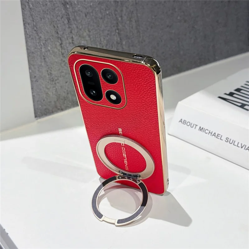 For OnePlus 15 5G Magnetic Case Litchi Pattern TPU PU Cover with Electroplated Metal Ring Kickstand - Red