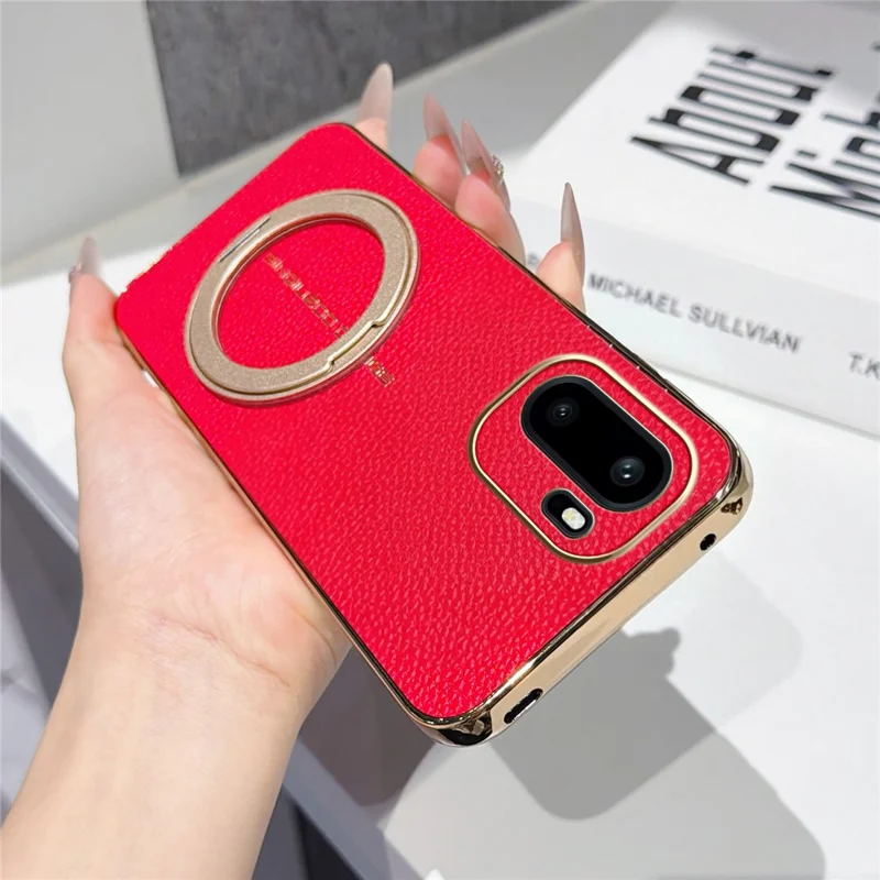 For OnePlus Ace 6 5G Magnetic Case Litchi Pattern TPU PU Cover with Electroplated Metal Ring Kickstand - Red