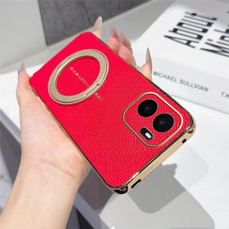 For OnePlus Ace 6 Ultra 5G Magnetic Case Litchi Pattern TPU PU Cover with Electroplated Metal Ring Kickstand - Red