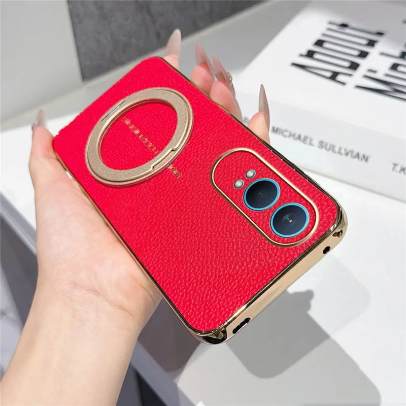 For OnePlus Nord CE4 Lite 5G Magnetic Case Litchi Pattern TPU PU Cover with Electroplated Metal Ring Kickstand - Red