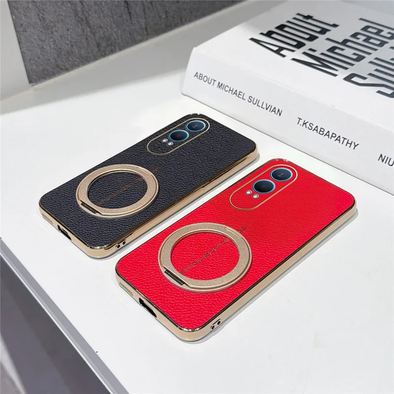 For OnePlus Nord CE4 Lite 5G Magnetic Case Litchi Pattern TPU PU Cover with Electroplated Metal Ring Kickstand - Red