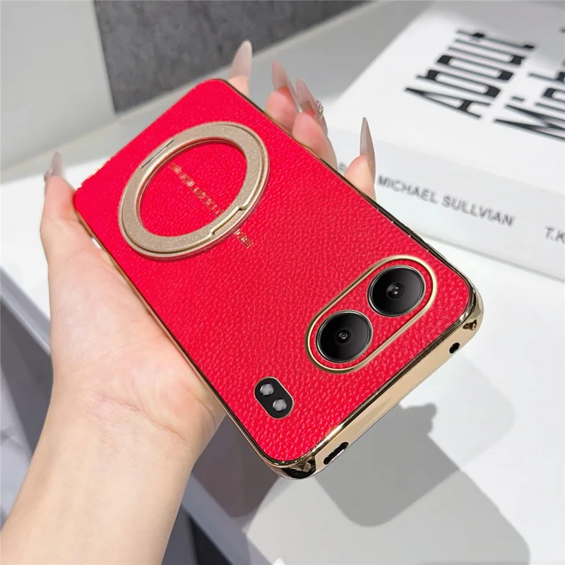 For OnePlus Nord 4 Magnetic Case Litchi Pattern TPU PU Cover with Electroplated Metal Ring Kickstand - Red