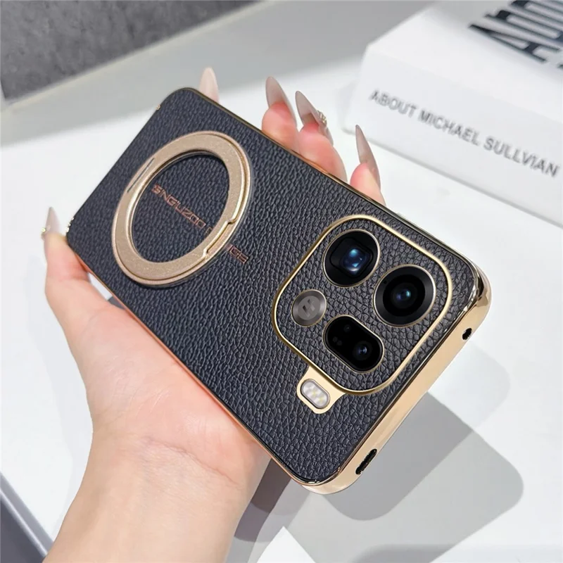 For Oppo Find X9 Pro 5G Magnetic Case Litchi Pattern TPU PU Cover with Electroplated Metal Ring Kickstand - Black