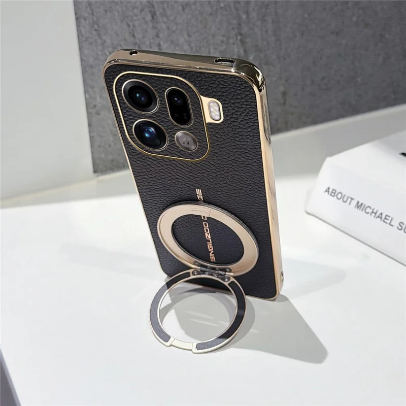 For Oppo Find X9 Pro 5G Magnetic Case Litchi Pattern TPU PU Cover with Electroplated Metal Ring Kickstand - Black