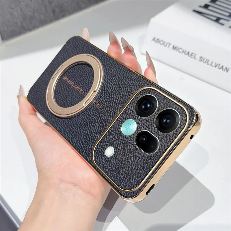 For Oppo Find X9s Pro 5G Magnetic Case Litchi Pattern TPU PU Cover with Electroplated Metal Ring Kickstand - Black