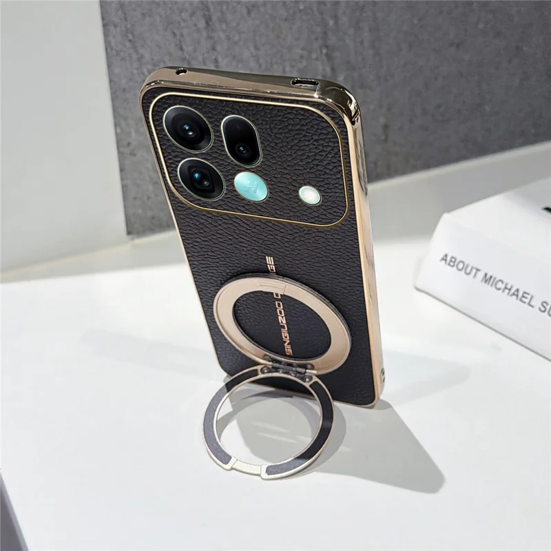 For Oppo Find X9s Pro 5G Magnetic Case Litchi Pattern TPU PU Cover with Electroplated Metal Ring Kickstand - Black