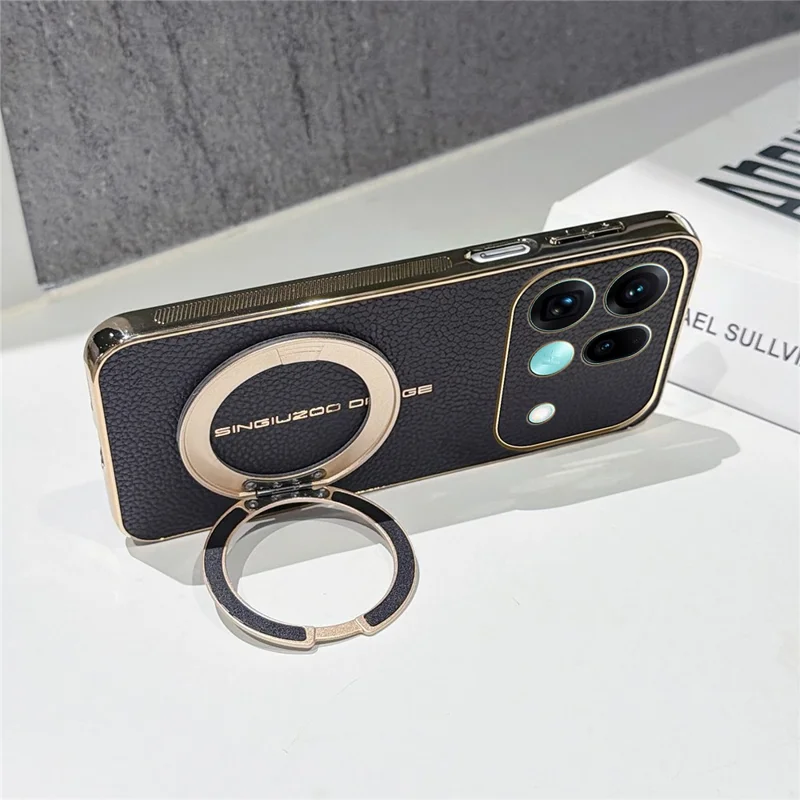 For Oppo Find X9s Pro 5G Magnetic Case Litchi Pattern TPU PU Cover with Electroplated Metal Ring Kickstand - Black