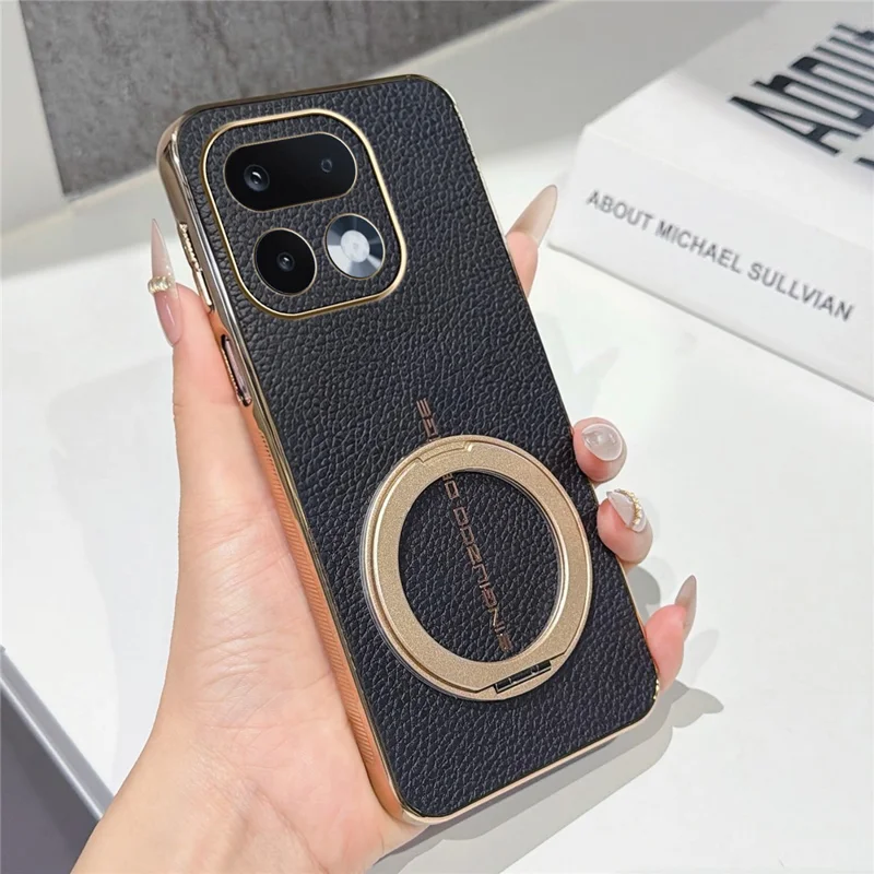 For Realme 16 Pro 5G Magnetic Case Litchi Pattern TPU PU Cover with Electroplated Metal Ring Kickstand - Black