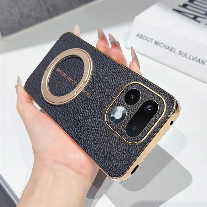 For Realme 16 Pro 5G Magnetic Case Litchi Pattern TPU PU Cover with Electroplated Metal Ring Kickstand - Black