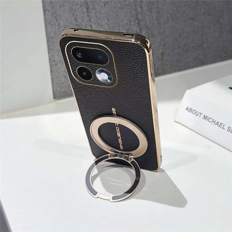 For Realme 16 Pro 5G Magnetic Case Litchi Pattern TPU PU Cover with Electroplated Metal Ring Kickstand - Black