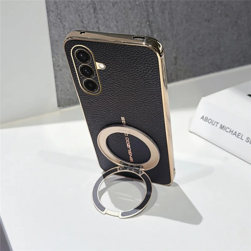 For Samsung Galaxy A37 5G Magnetic Case Litchi Pattern TPU PU Cover with Electroplated Metal Ring Kickstand - Black