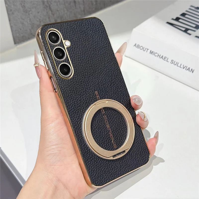 For Samsung Galaxy S25 FE Magnetic Case Litchi Pattern TPU PU Cover with Electroplated Metal Ring Kickstand - Black