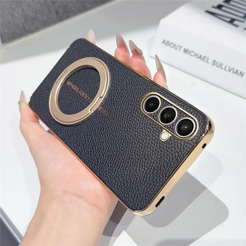 For Samsung Galaxy S25 FE Magnetic Case Litchi Pattern TPU PU Cover with Electroplated Metal Ring Kickstand - Black