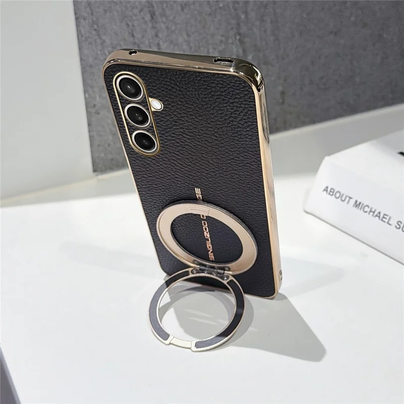 For Samsung Galaxy S25 FE Magnetic Case Litchi Pattern TPU PU Cover with Electroplated Metal Ring Kickstand - Black