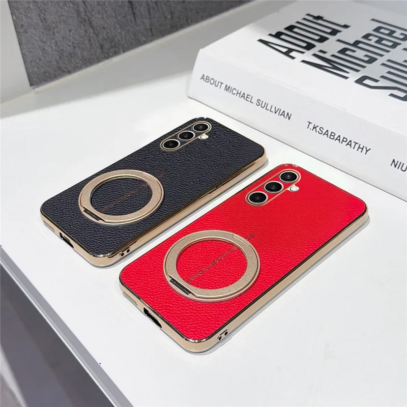 For Samsung Galaxy S25 FE Magnetic Case Litchi Pattern TPU PU Cover with Electroplated Metal Ring Kickstand - Black