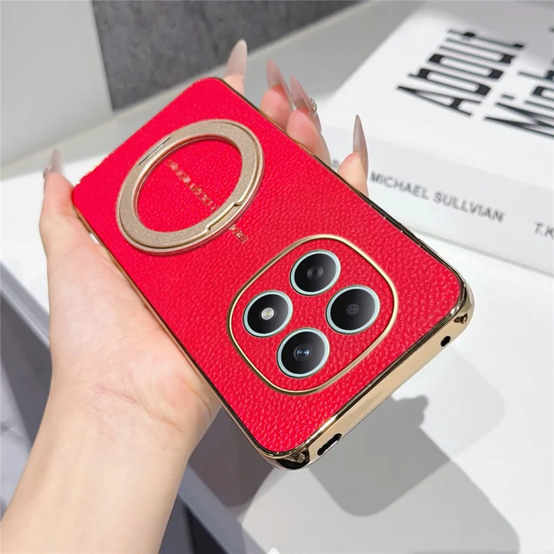 Magnetic Case For Xiaomi Redmi Note 15 5G (Global)  /  Poco M8 5G Litchi Pattern TPU PU Cover with Electroplated Metal Ring Kickstand - Red