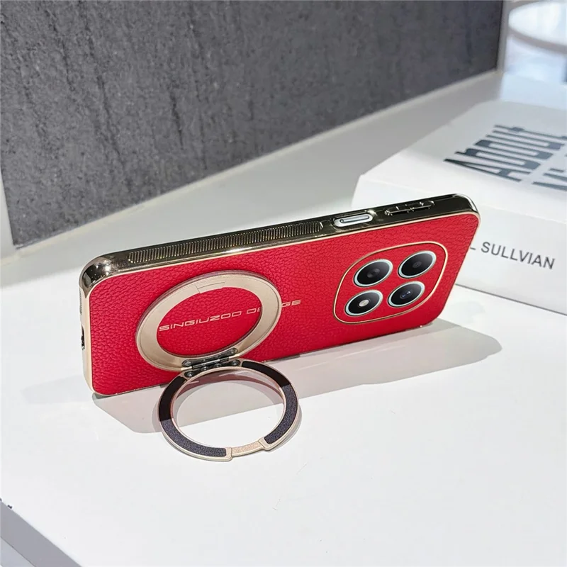 Magnetic Case For Xiaomi Redmi Note 15 5G (Global)  /  Poco M8 5G Litchi Pattern TPU PU Cover with Electroplated Metal Ring Kickstand - Red