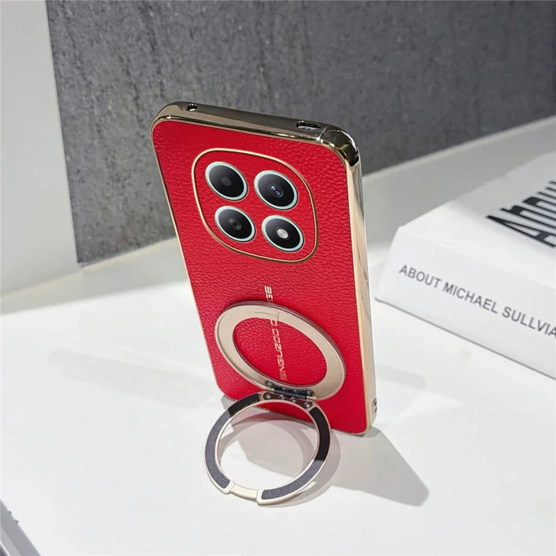 Magnetic Case For Xiaomi Redmi Note 15 5G (Global)  /  Poco M8 5G Litchi Pattern TPU PU Cover with Electroplated Metal Ring Kickstand - Red