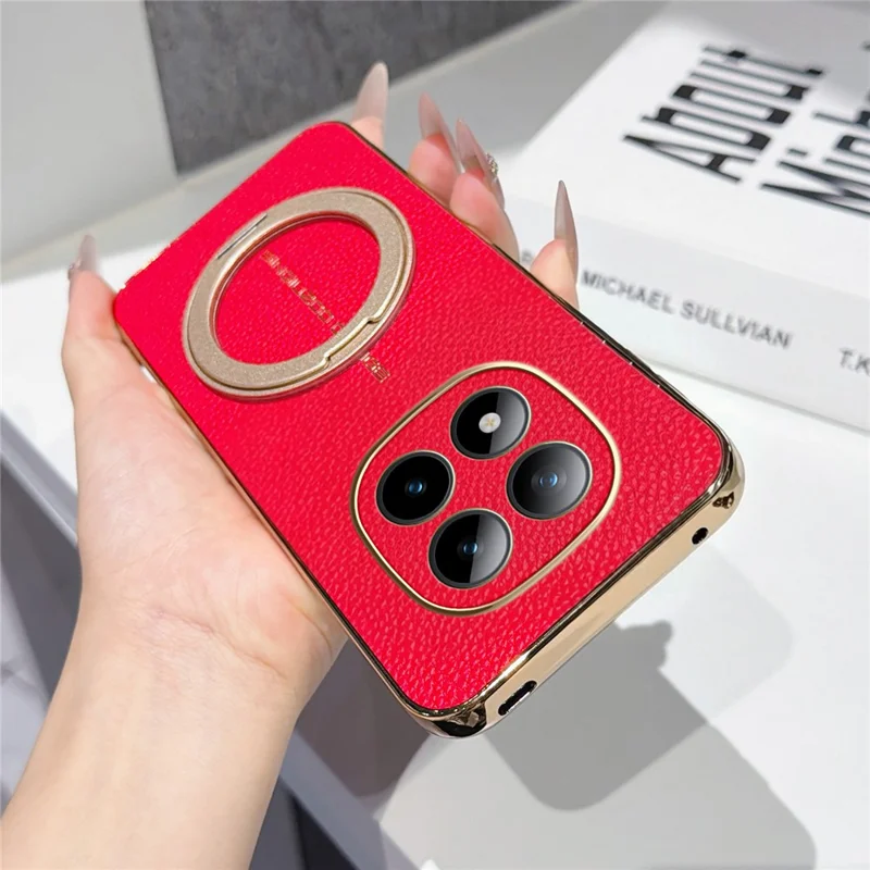 Magnetic Case For Xiaomi Redmi Note 15 Pro+ 5G (Global)  /  Poco M8 Pro 5G Litchi Pattern TPU PU Cover with Electroplated Metal Ring Kickstand - Red