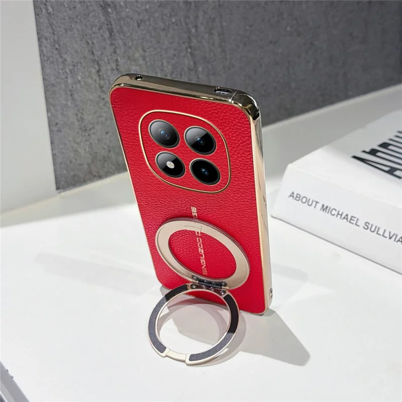 Magnetic Case For Xiaomi Redmi Note 15 Pro+ 5G (Global)  /  Poco M8 Pro 5G Litchi Pattern TPU PU Cover with Electroplated Metal Ring Kickstand - Red