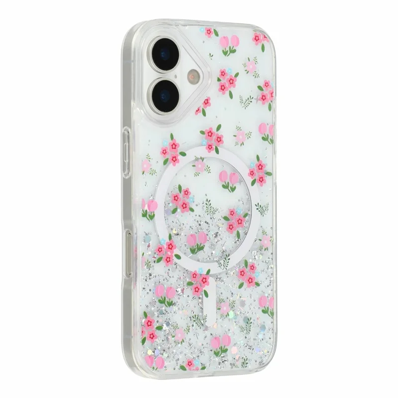 Coque magnétique pour iPhone 17, coque transparente en TPU anti-choc avec époxy pailleté, compatible MagSafe - Tulipe