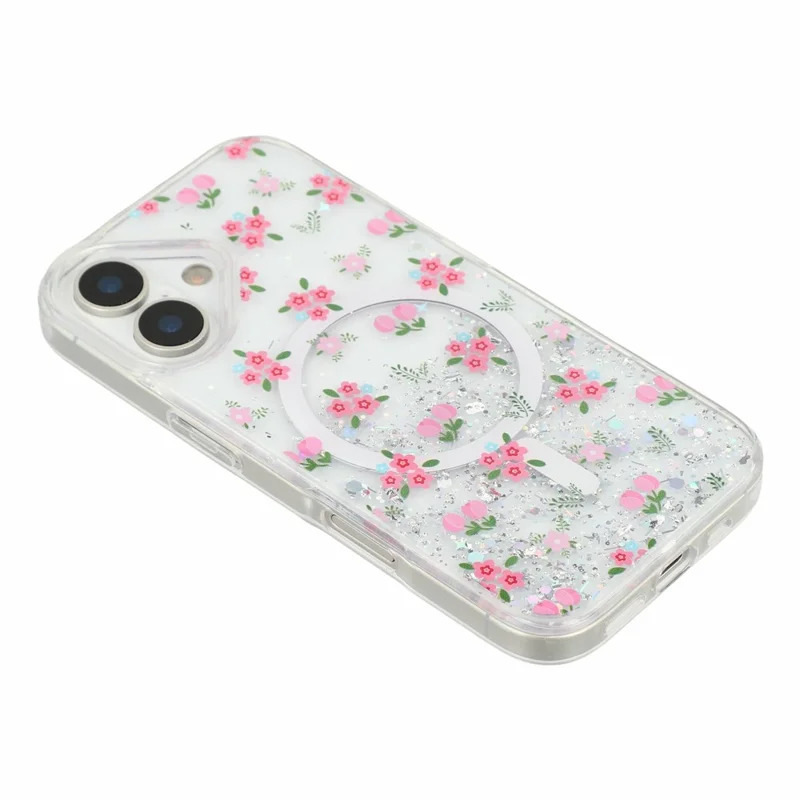 Coque magnétique pour iPhone 17, coque transparente en TPU anti-choc avec époxy pailleté, compatible MagSafe - Tulipe