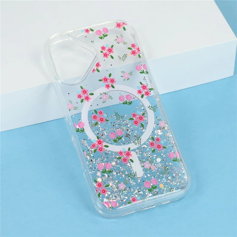 Coque magnétique pour iPhone 17, coque transparente en TPU anti-choc avec époxy pailleté, compatible MagSafe - Tulipe