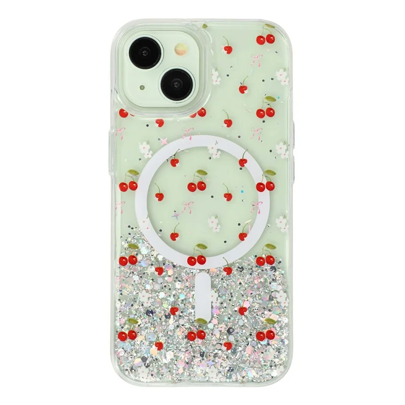 Coque magnétique pour iPhone 15, coque transparente en TPU résistante aux chocs avec époxy pailleté, compatible avec MagSafe - Cerise