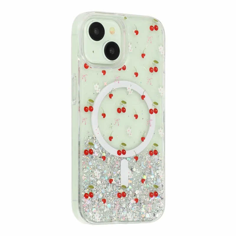 Coque magnétique pour iPhone 15, coque transparente en TPU résistante aux chocs avec époxy pailleté, compatible avec MagSafe - Cerise