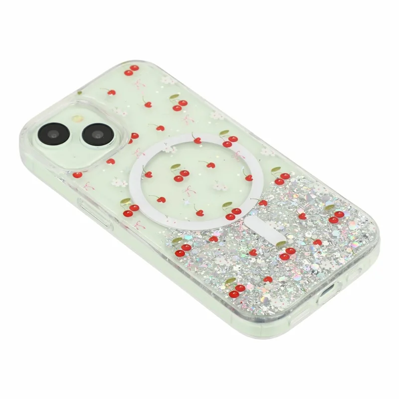 Coque magnétique pour iPhone 15, coque transparente en TPU résistante aux chocs avec époxy pailleté, compatible avec MagSafe - Cerise