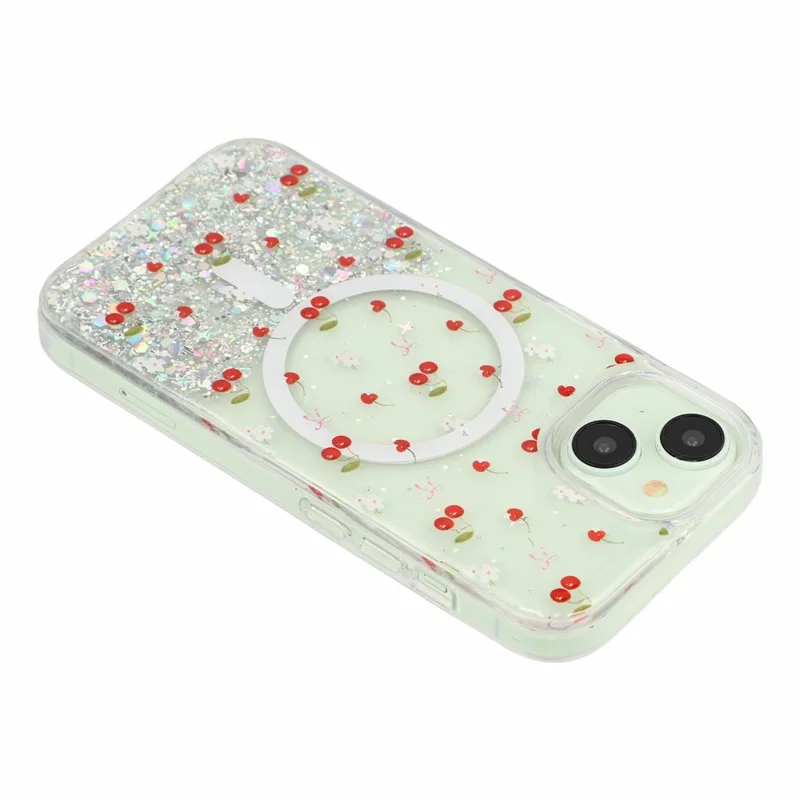 Coque magnétique pour iPhone 15, coque transparente en TPU résistante aux chocs avec époxy pailleté, compatible avec MagSafe - Cerise