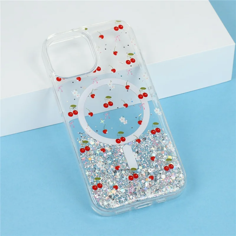 Coque magnétique pour iPhone 15, coque transparente en TPU résistante aux chocs avec époxy pailleté, compatible avec MagSafe - Cerise