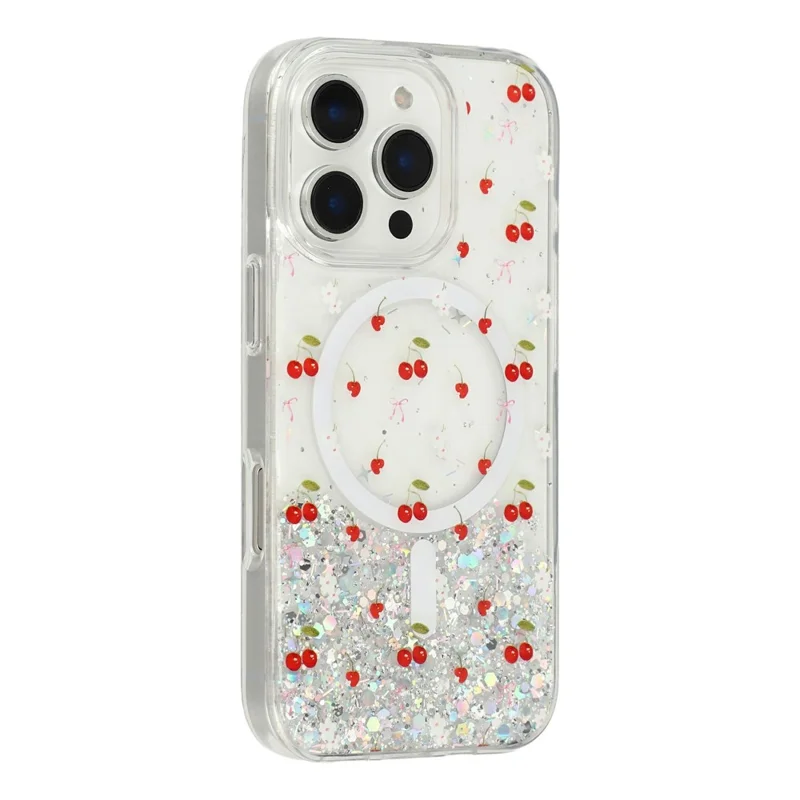 Coque magnétique pour iPhone 16 Pro Max, coque transparente en TPU résistante aux chocs avec époxy pailleté compatible MagSafe - Cerise