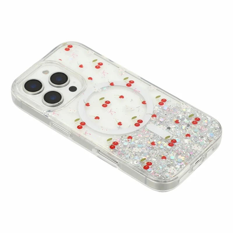 Coque magnétique pour iPhone 16 Pro Max, coque transparente en TPU résistante aux chocs avec époxy pailleté compatible MagSafe - Cerise