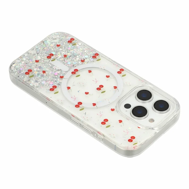 Coque magnétique pour iPhone 16 Pro Max, coque transparente en TPU résistante aux chocs avec époxy pailleté compatible MagSafe - Cerise