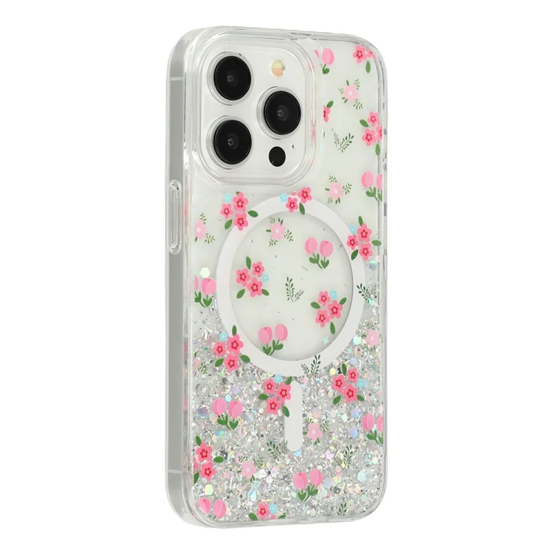 Coque magnétique pour iPhone 15 Pro, coque transparente en TPU résistant aux chocs avec époxy pailleté - Tulipe