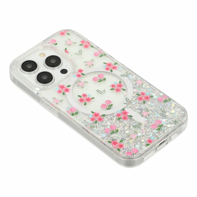 Coque magnétique pour iPhone 15 Pro, coque transparente en TPU résistant aux chocs avec époxy pailleté - Tulipe