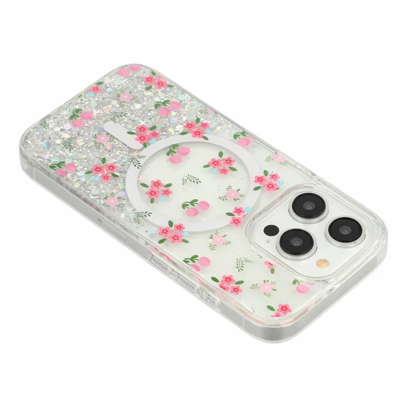 Coque magnétique pour iPhone 15 Pro, coque transparente en TPU résistant aux chocs avec époxy pailleté - Tulipe