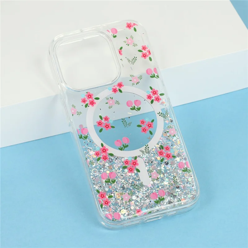Coque magnétique pour iPhone 15 Pro, coque transparente en TPU résistant aux chocs avec époxy pailleté - Tulipe