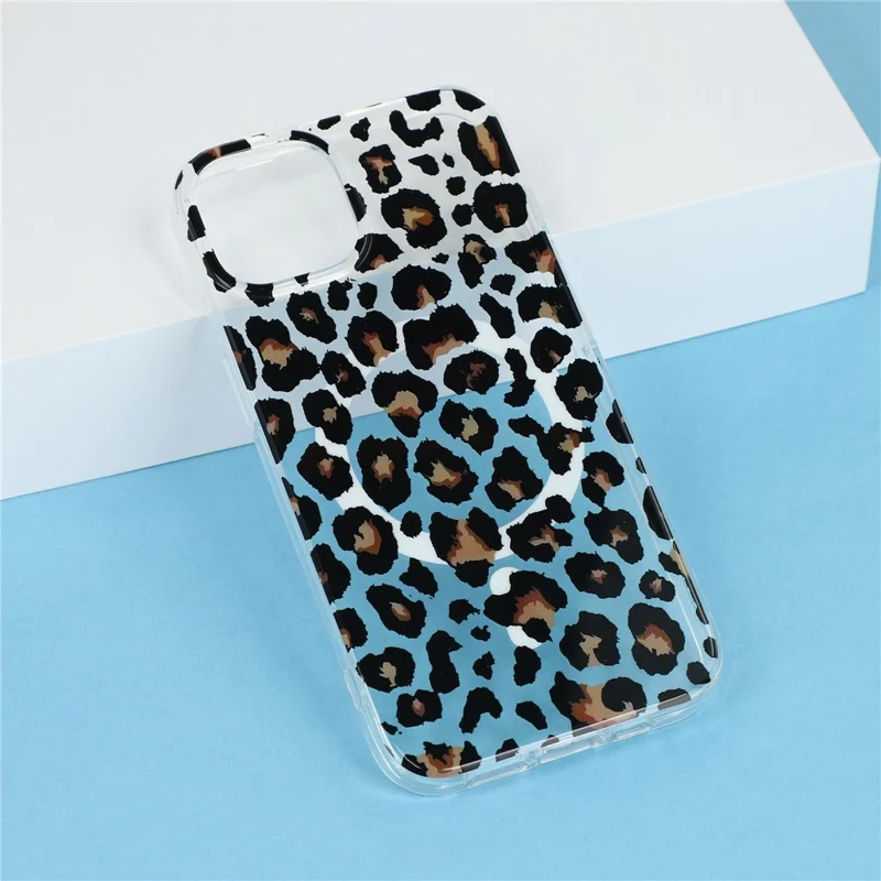 For iPhone 15 Magnetic Case Hollow Leopard Print Design TPU PC Phone Back Cover - Style 3