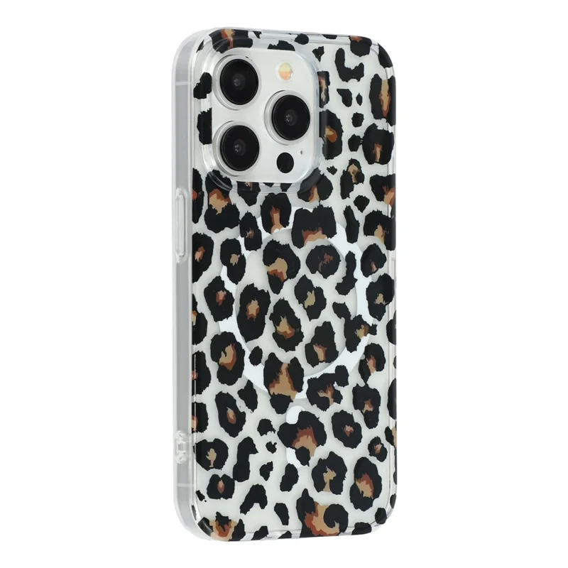For iPhone 15 Pro Max Magnetic Case Hollow Leopard Print Design TPU PC Phone Back Cover - Style 3