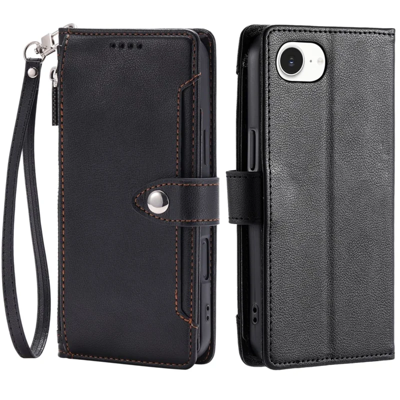 Wallet Case for iPhone SE (2022) / SE (2020) / iPhone 8 / 7 Litchi Texture Zipper Pocket Stand Leather Flip Phone Cover with Wrist Strap - Black