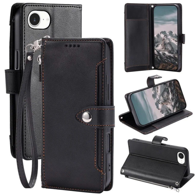 Wallet Case for iPhone SE (2022) / SE (2020) / iPhone 8 / 7 Litchi Texture Zipper Pocket Stand Leather Flip Phone Cover with Wrist Strap - Black