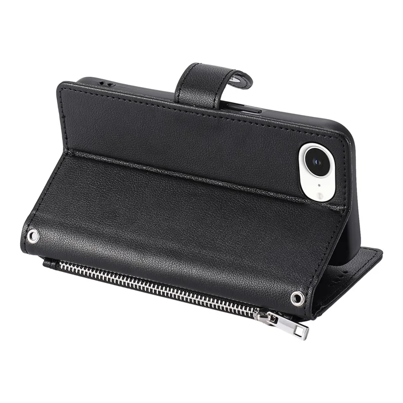 Wallet Case for iPhone SE (2022) / SE (2020) / iPhone 8 / 7 Litchi Texture Zipper Pocket Stand Leather Flip Phone Cover with Wrist Strap - Black