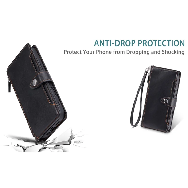 Wallet Case for iPhone SE (2022) / SE (2020) / iPhone 8 / 7 Litchi Texture Zipper Pocket Stand Leather Flip Phone Cover with Wrist Strap - Black