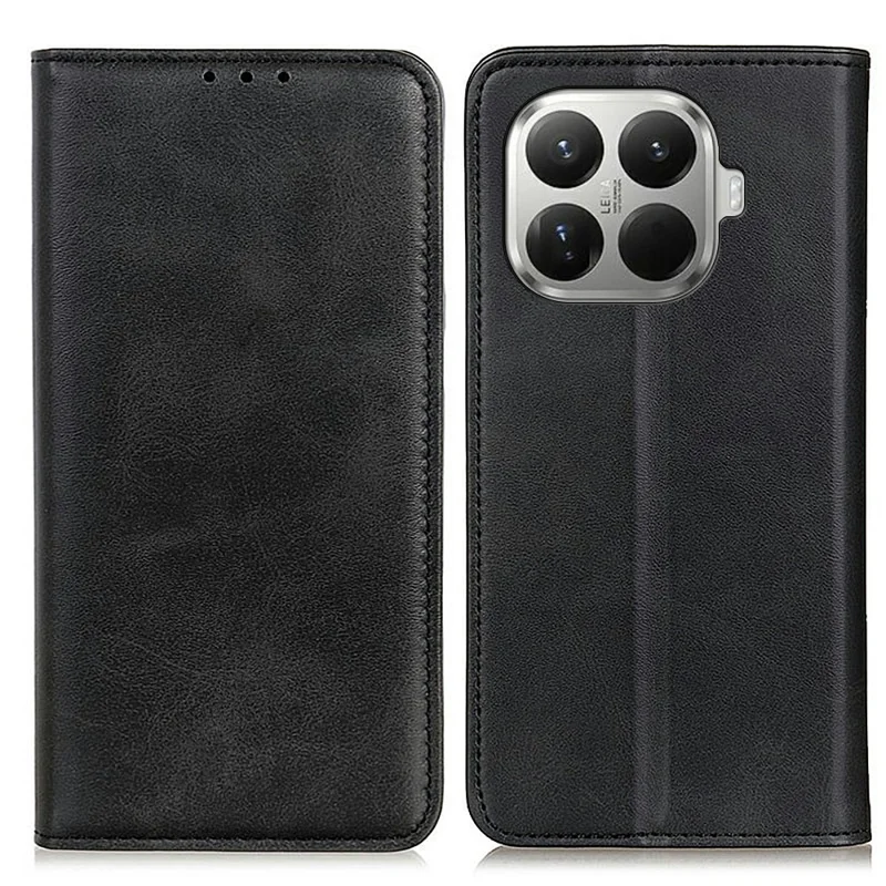 Funda para Xiaomi 17T de textura de cuero vacuno, carcasa abatible de cuero serraje con billetera - Negro